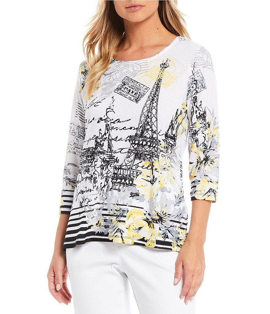 Allison Daley Petite Size Parisian Print Rhinestone Embellished Detail 3/4 Sleeve Crew Neck Top