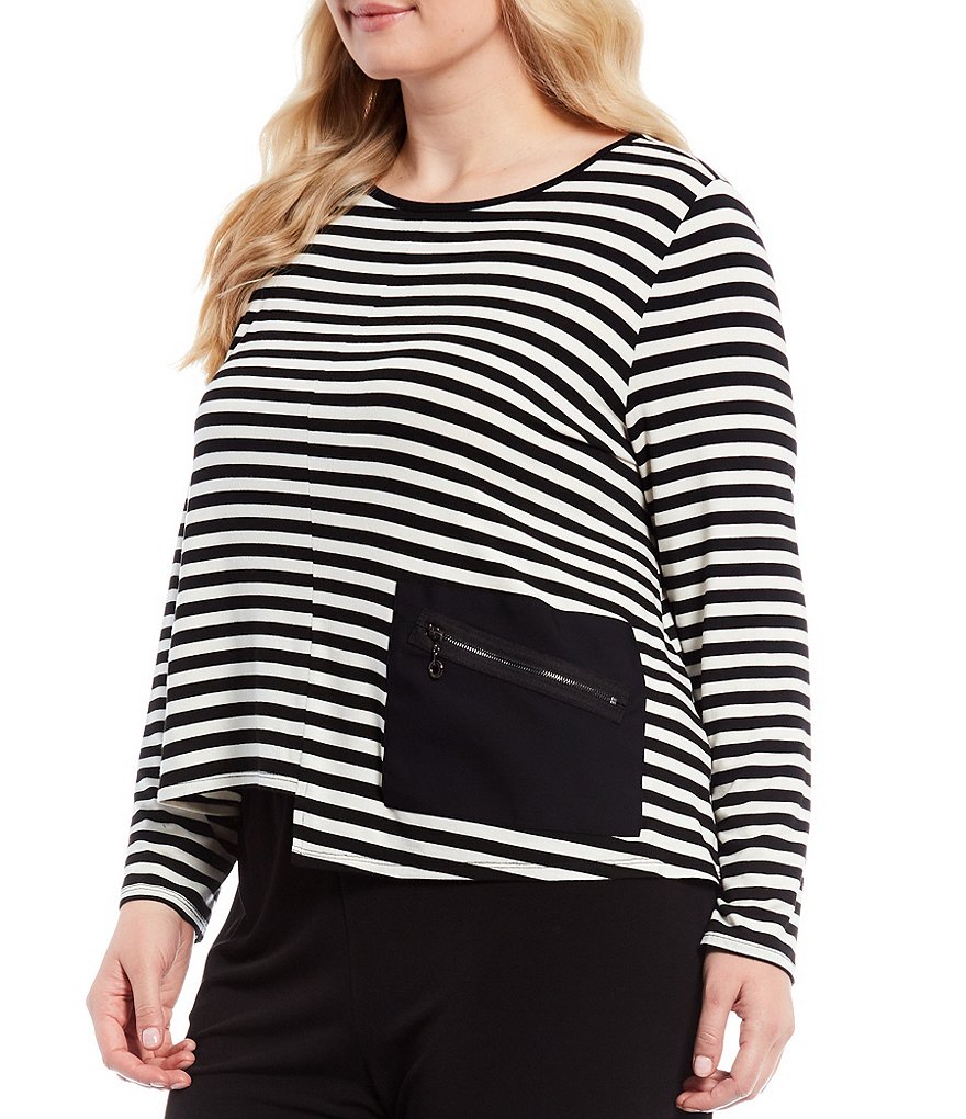 IC Collection Plus Size One Side Pocket Asymmetrical Stripe Cropped Top