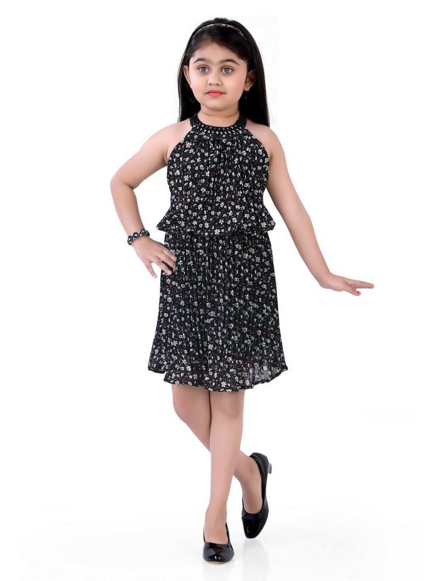 poplins Kids Black Cotton Floral Print Dress