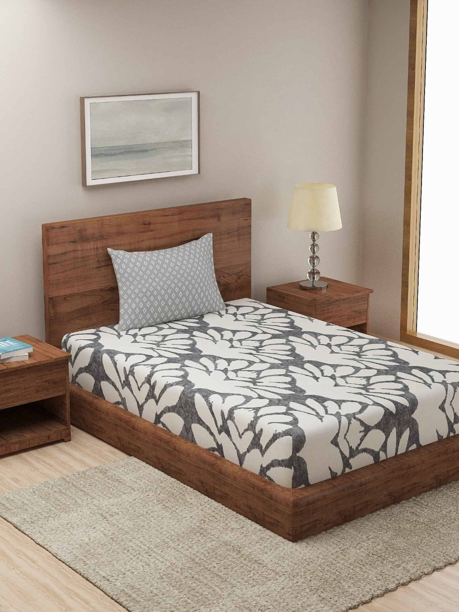 Dreamscape Floral Grey 140 TC Cotton Single Bedsheet with Pillow Cover