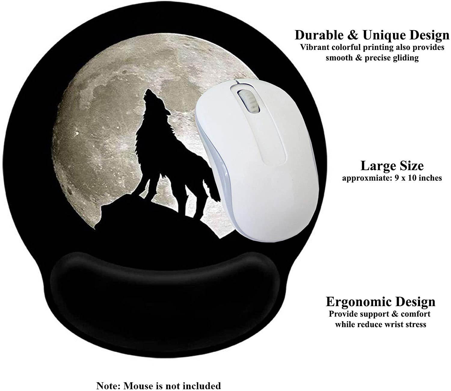 Meffort Inc Mouse Pad with Wrist Rest Support & Non-Slip Base, Durable Ergonomic Gaming Mousepad - Wolf Howling Moon