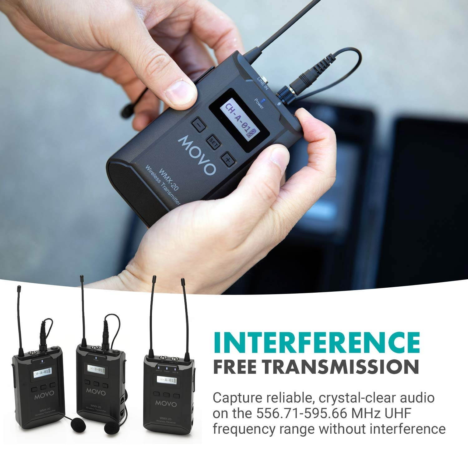 Movo WMX-20-DUO 48-Channel UHF Wireless Lavalier Microphone System with 1 Receiver, 2 Transmitters, and 2 Lapel Microphones Compatible with DSLR Cameras (330 ft Audio Range)