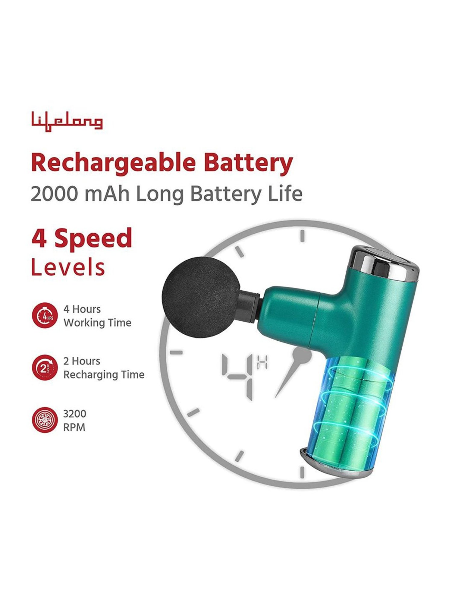 Lifelong LLGM36 Mini Gun Massager with 4 Heads (Green)