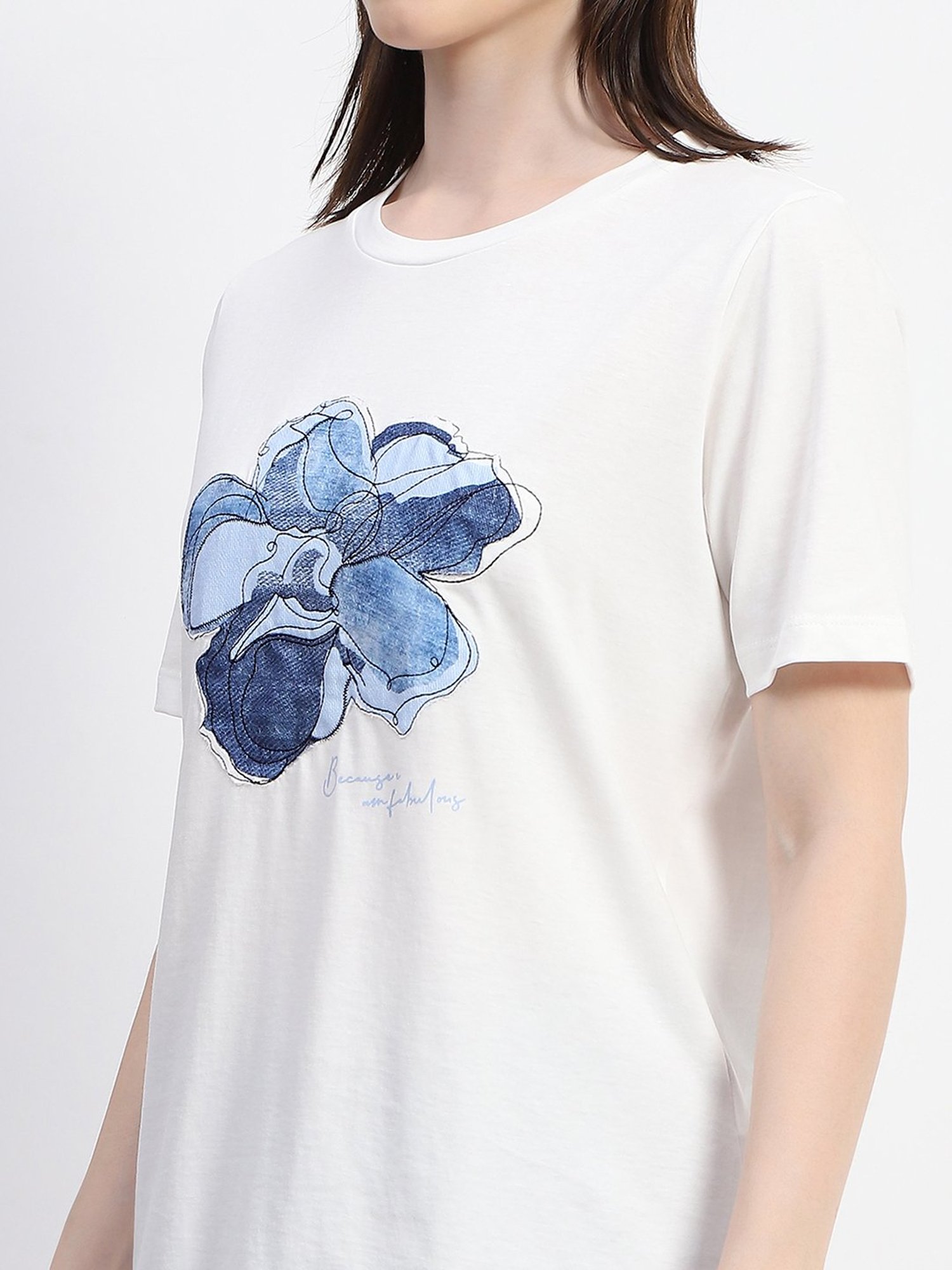MADAME White & Blue Cotton Printed T-Shirt