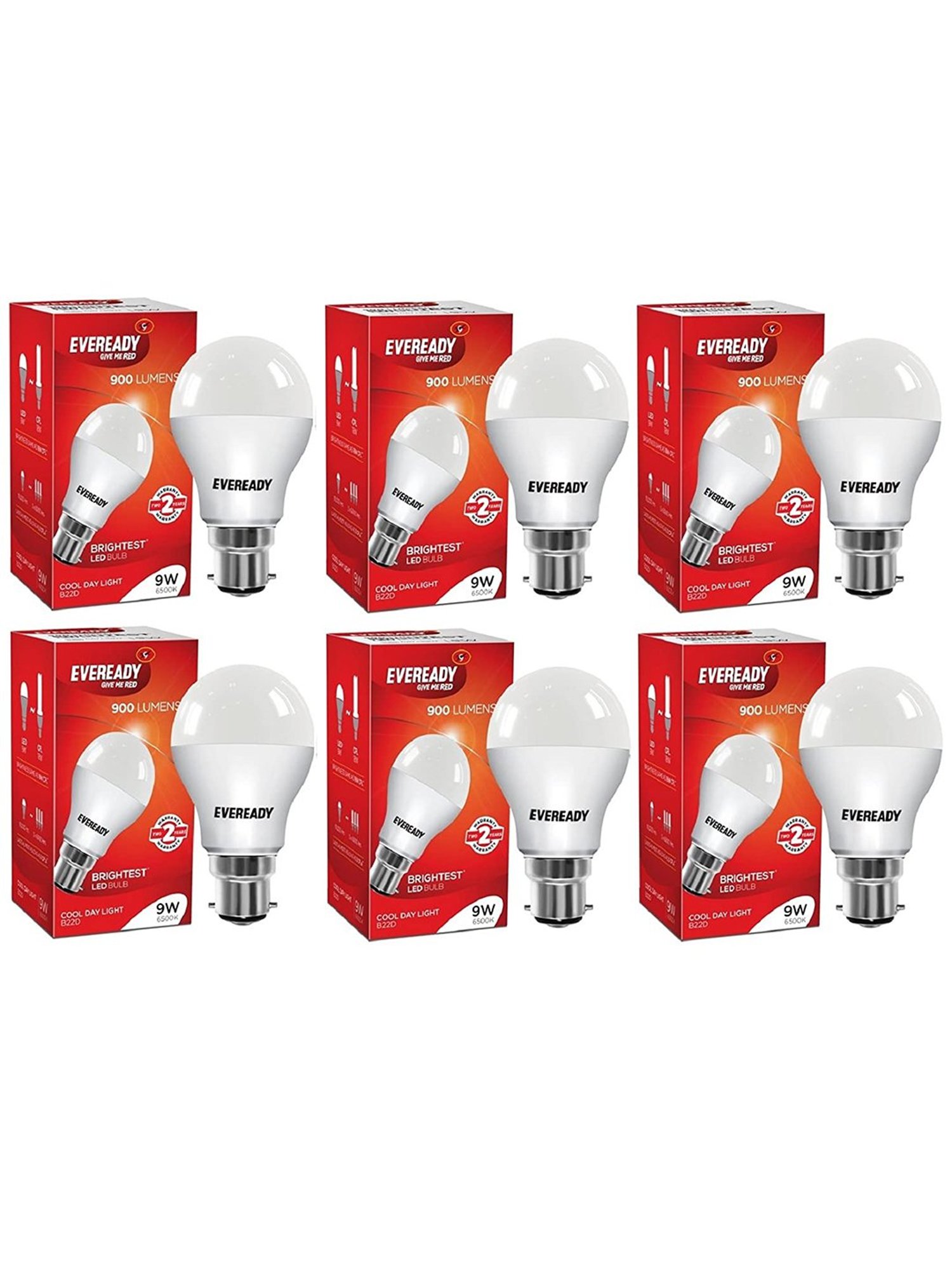 Eveready B22D 9W LED Bulb - Pack of 6 (8901691018027, White)