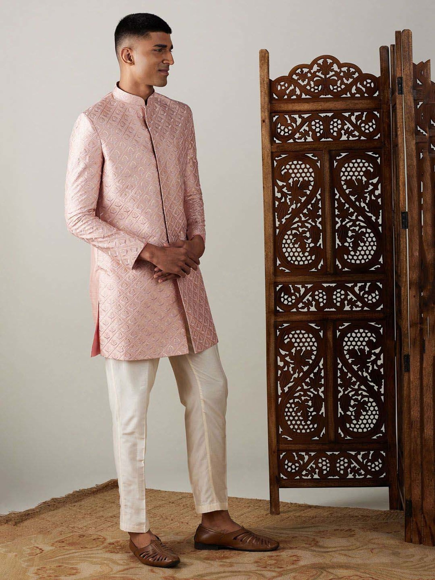 Vastramay Peach & Cream Regular Fit Embroidered Sherwani Set
