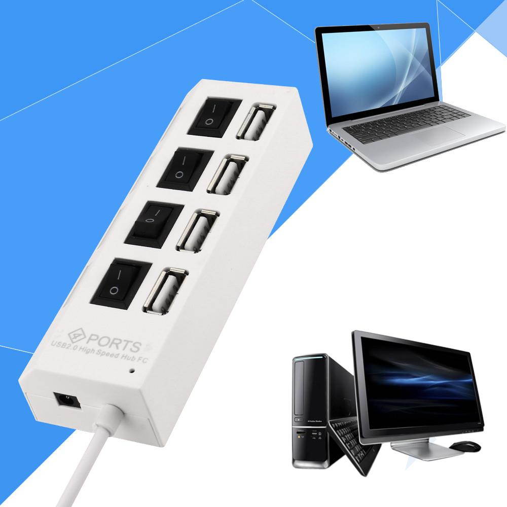 High Speed Portable New 4 Port USB 2.0 Hub On/Off Switches + DC Power Hub Adapter Cable for PC Laptop Notebook