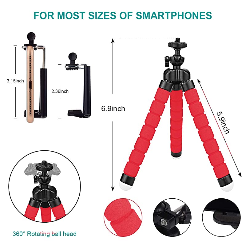 Portable Tripod Mini Bluetooth Flexible Tripod with 360 Remote Control with 14 Screws for iPhone 88 Plus77 Plus Samsung Galaxy S7 S7 Edge Huawei Sony Xperia and etc up to 55Red
