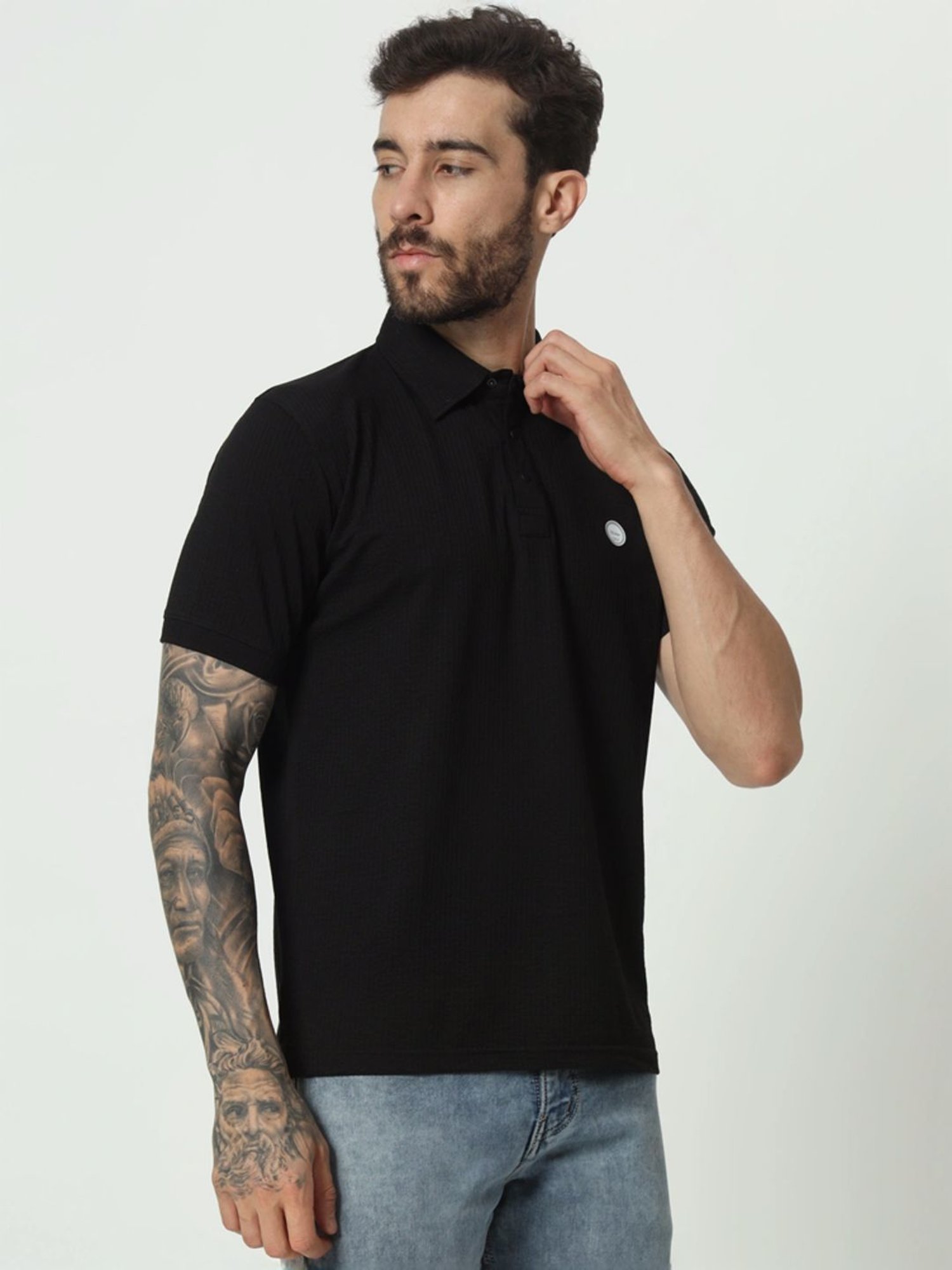 Tab91 Black Regular Fit Self Pattern Polo T-Shirts