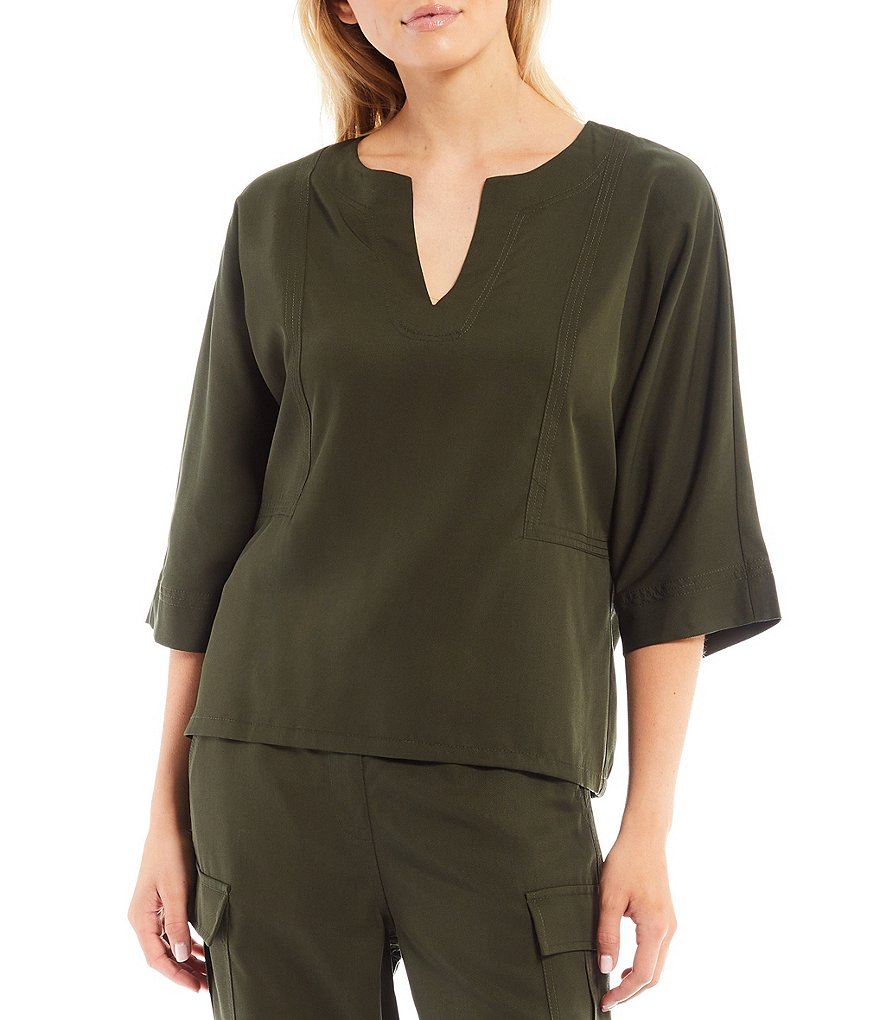 Trina Turk Split V-Neck 3/4 Sleeve Elastic Back Detail Coordinating Tencel Top