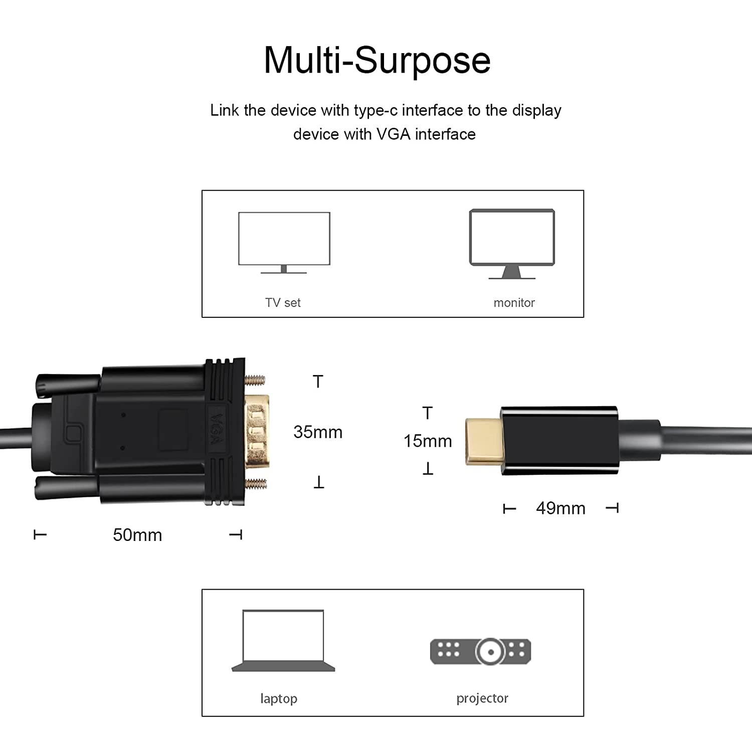 USB C to VGA Cable - Thunderbolt 3 USB 3.1 Type C to VGA Male Converter Adapter Cable for Laptop etc.(1.8M6ft)