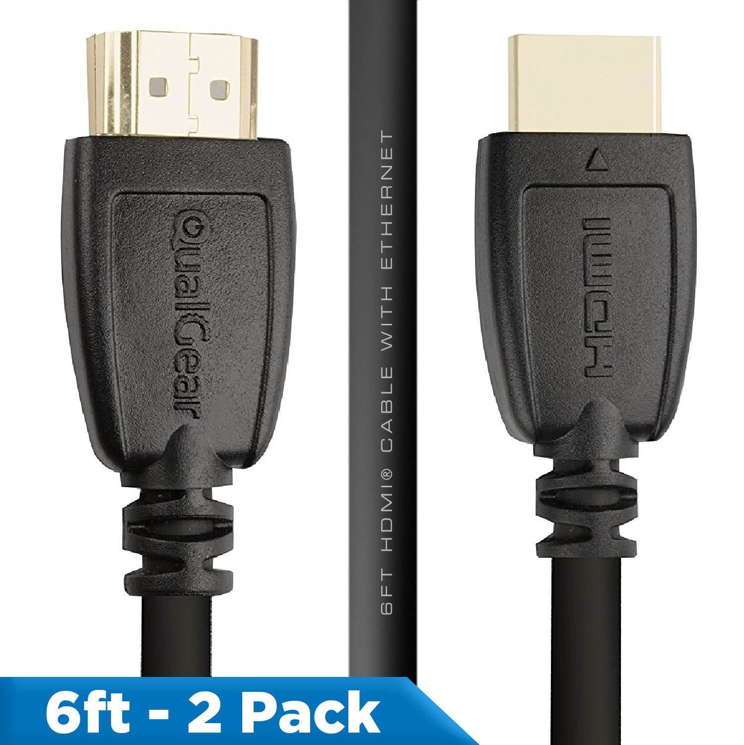 QualGear High Speed HDMI 2.0 Cable with Ethernet (6 Feet-2 Pack) - 100% OFC Copper, 24K Gold Plated Contacts, Triple-Shielded. Supports 4K Ultra HD, 3D, 18 Gbps, ARC (QG-CBL-HD20-6FT-2PK)