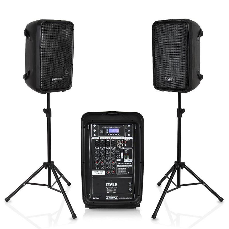 Pyle 2 x PPHP28AMX Stage & Studio 8 Inch Bluetooth DJ PA Loud Speaker System and 8 Channel Audio Mixer Bundle Kit w/ USB & SD Readers, Black (2 Pack)