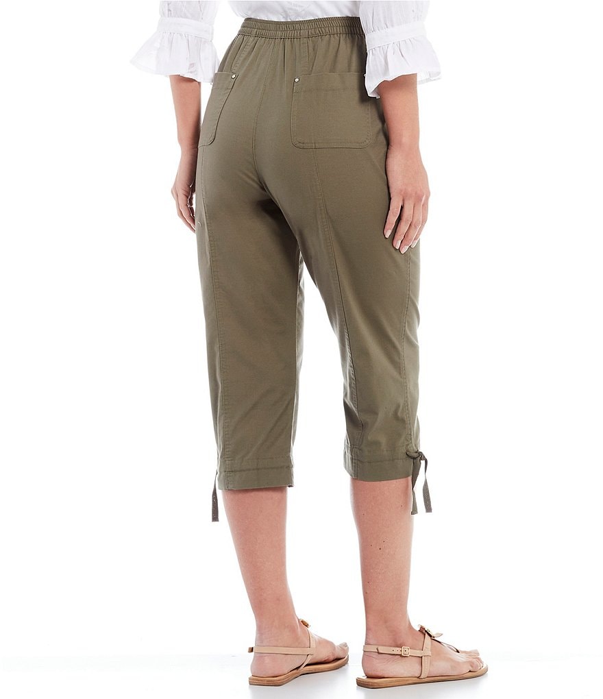 Allison Daley Stretch Side Back Elastic Waist Pull-On Tie-Hem Details Capri Pants