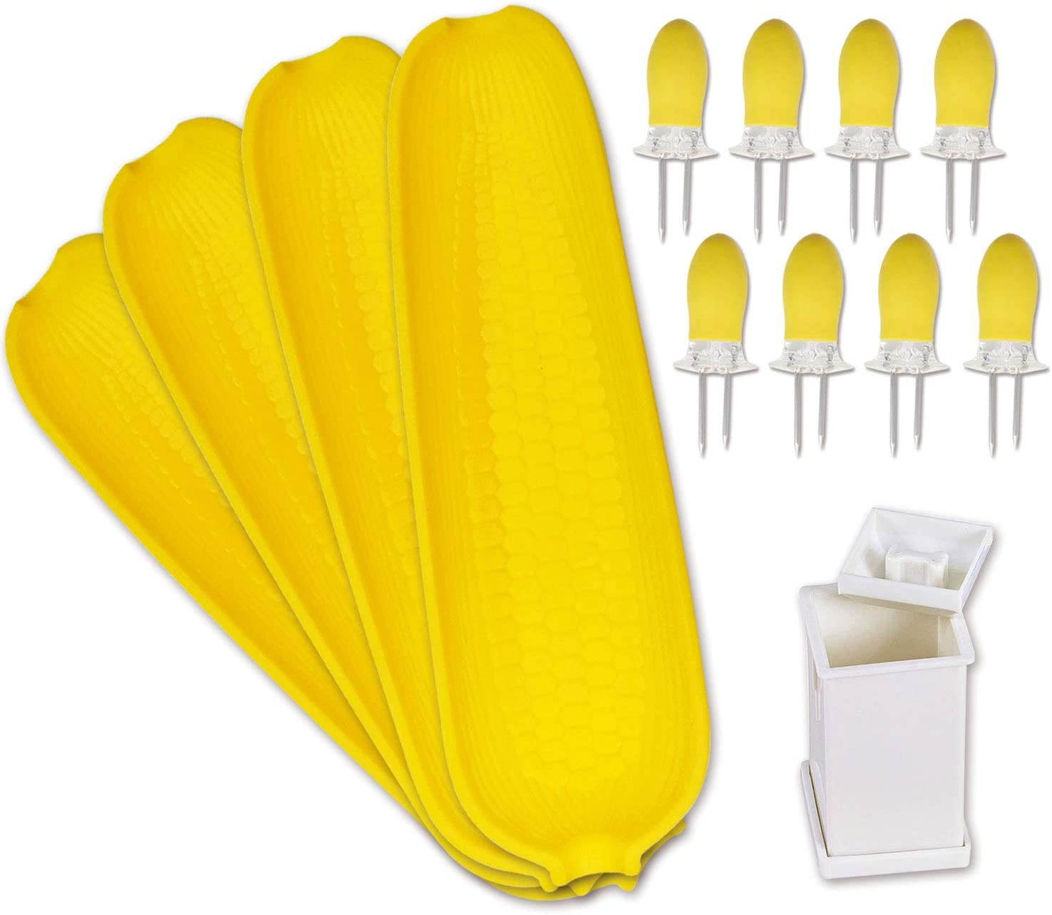 Recoil Corn Cob Holders Skewers BBQ Twin Prong Holders, Corn Dishes and Butter Spreader Set Kits, Includes 8 Corn Cob Holders, 4 Corn Dishes and Butter Spreader