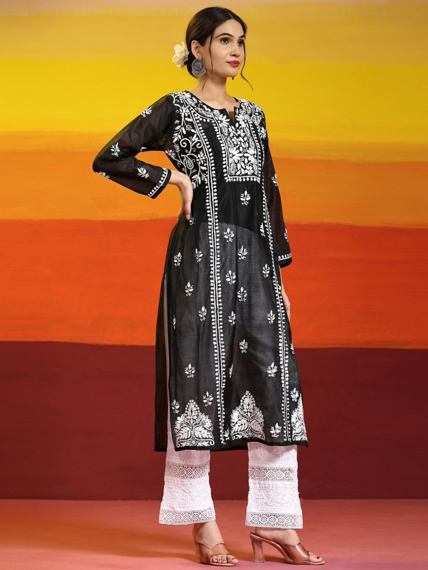 House Of Kari Samma Chikankari Long Kurta in Chanderi Silk for Women- Black