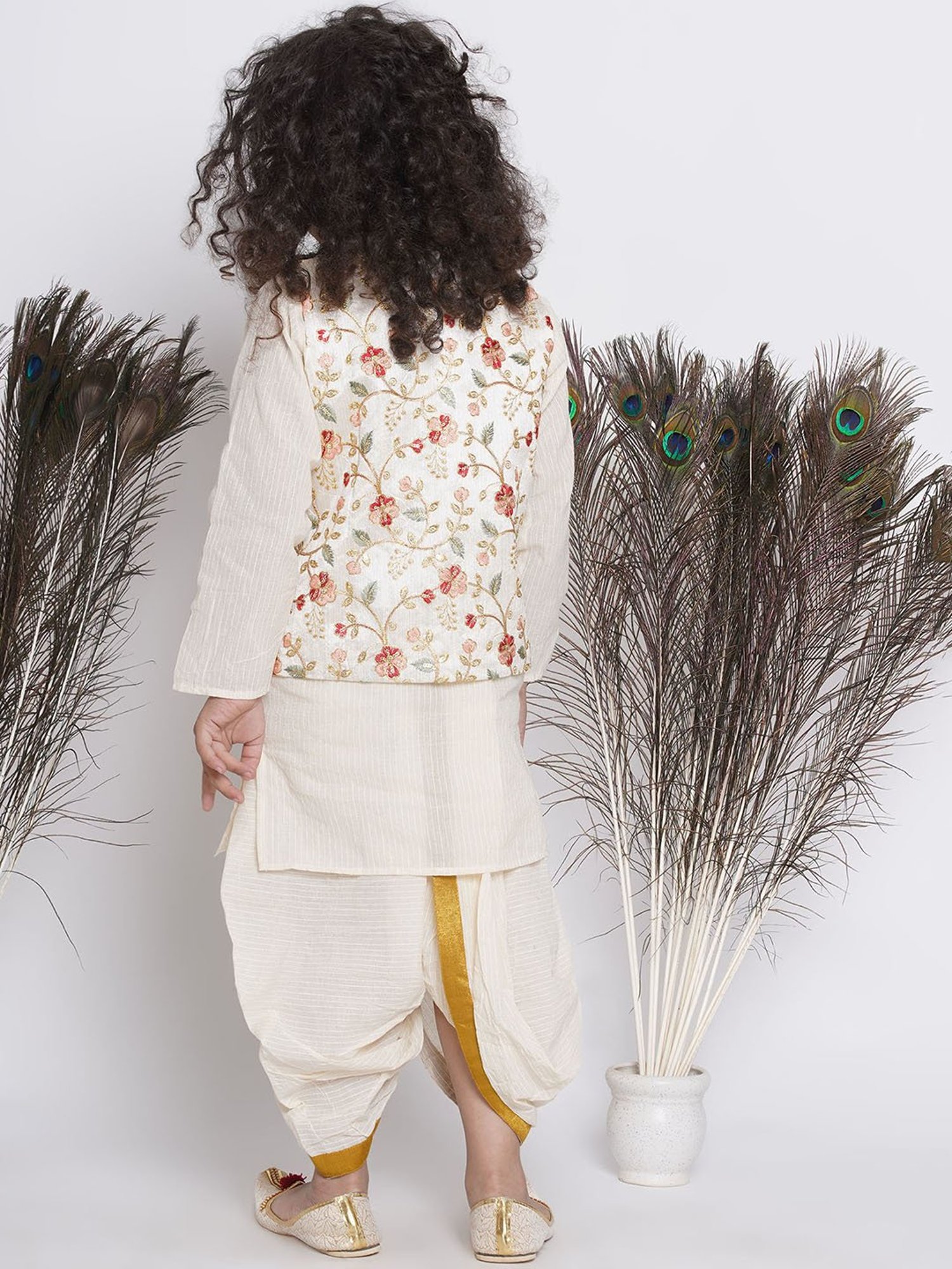 Little Bansi Kids Cream Embroidered Full Sleeves Kurta , Jacket with Dhoti