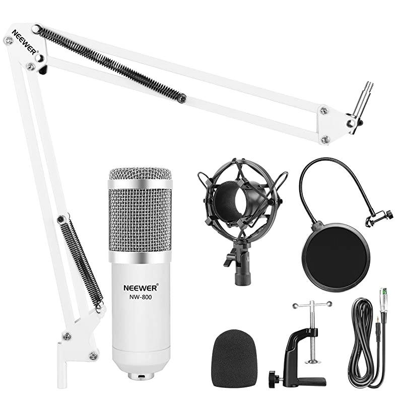 NW800 Pro Studio Broadcasting Recording Condenser Mic Kit with NW35 Adjustable Mic Suspension Scissor Arm Stand with Black Shock Mount and Table Mounting Clamp Pop FilterWhite and Silver