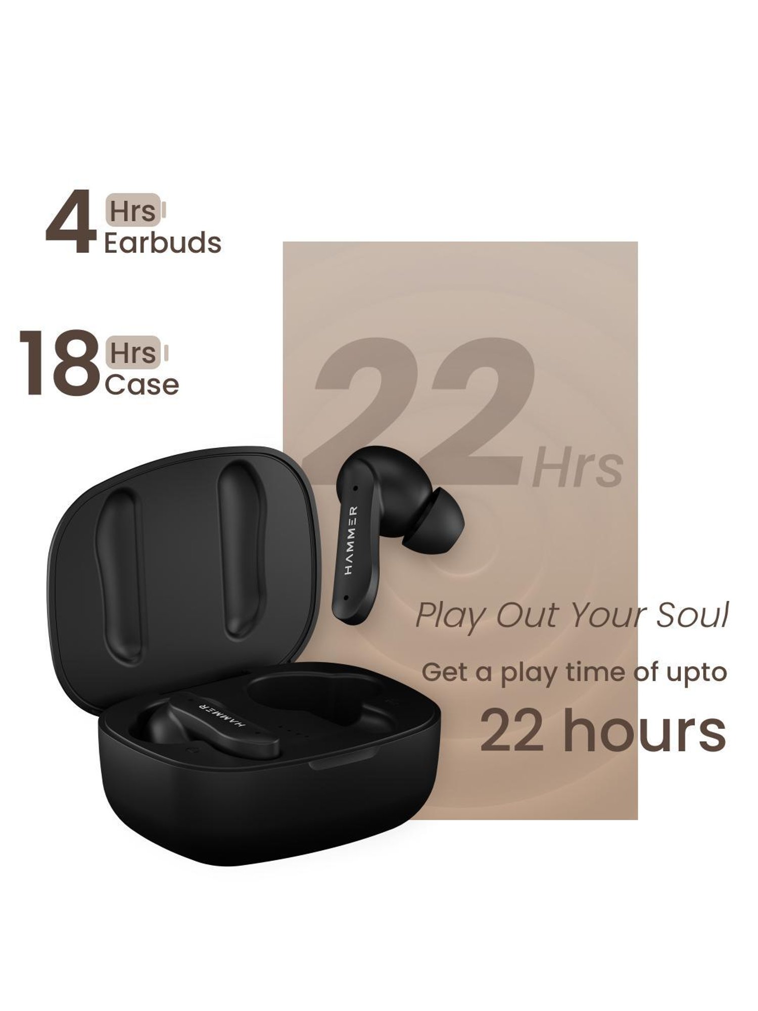 Hammer Solitude In Ear BT v5.3 Earbuds with Upto 22H Playtime & ENC (Truffle Black, True Wireless)