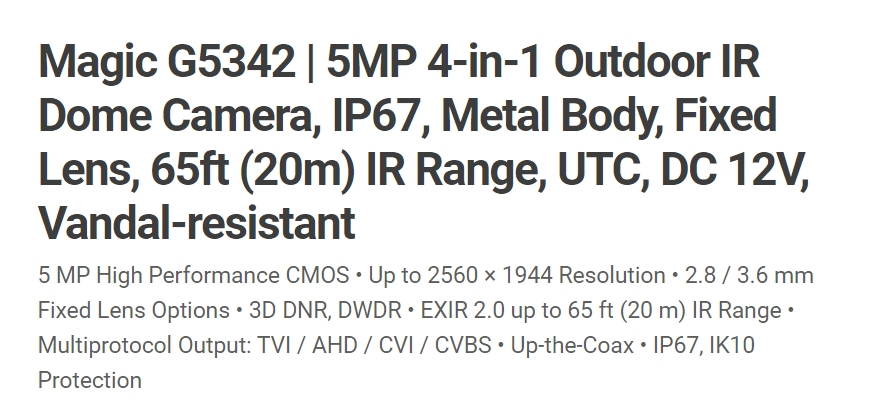 Eyemax TIT-G5342-W28 5MP HD-TVI IR Vandal DOME Camera 2.8mm wide 12V DC