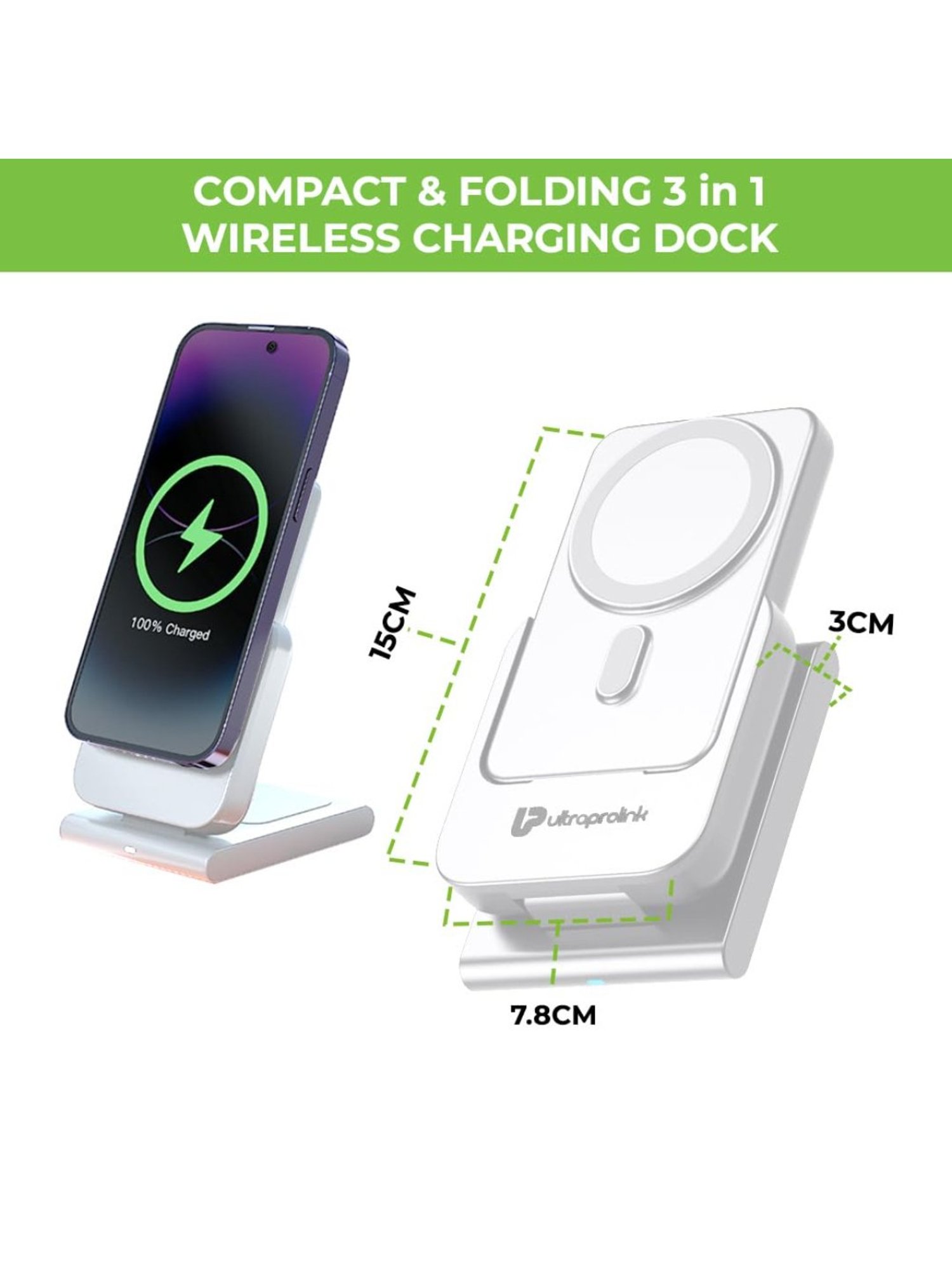 ULTRAPROLINK UM1006GO 3in1 Folding 20W Magnetic Power Bank for iWatch, Airpods &  Earbuds (White)