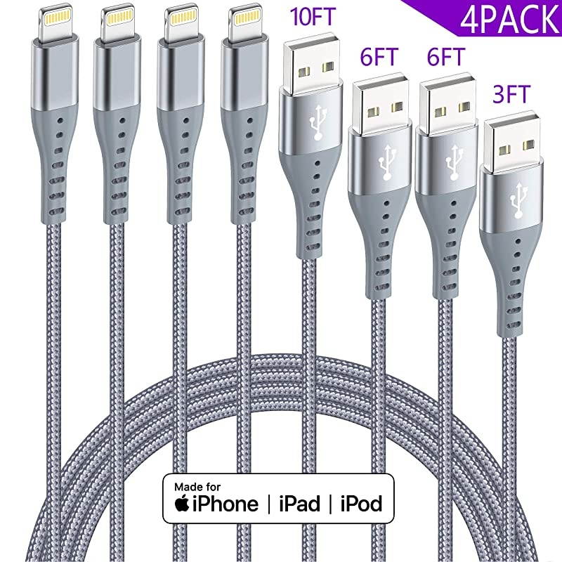 iPhone Charger Lightning Cable  4Pack10ft 6ft 6ft 3ft Apple MFi Certified Nylon Braided Long Fast USB Cord Compatible for iPhone 11Pro MAX Xs XR X 8 7 6S 6 Plus SE 5S 5C Gray