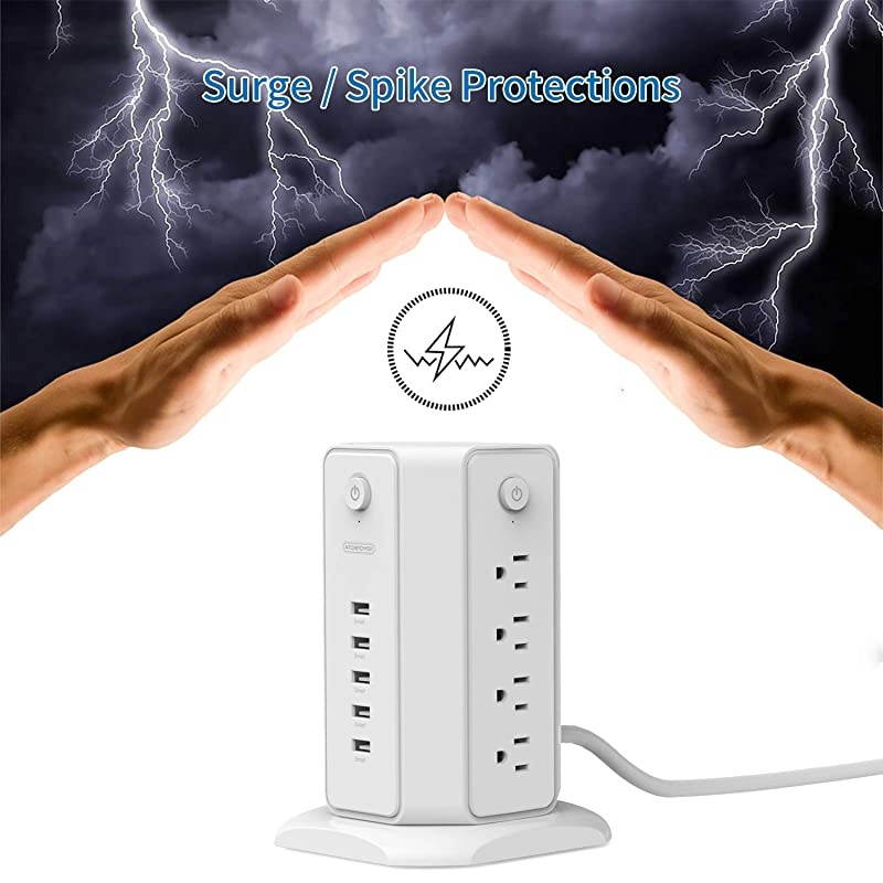Power Strip Tower  Surge Protector Flat Plug 8 Outlets 5 USB Desktop Charging Station 6ft Extension Cord Individual Switches UL Listed 1080 J Circuit Breaker for Home and Office
