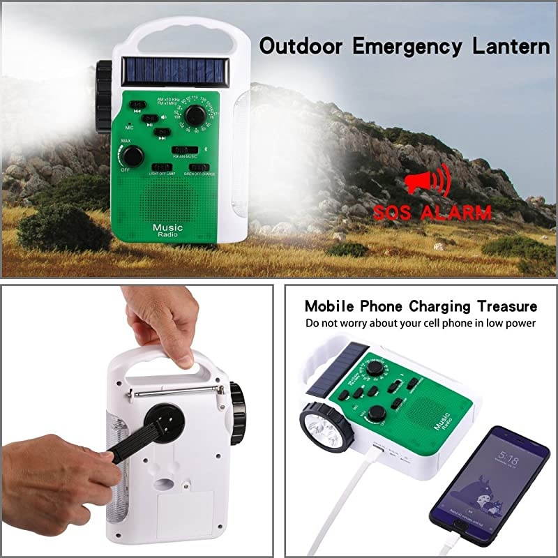 4Way Powered LED Camping Lantern LED Flashlight Emergency AMFM Radio Siren with Solar and Crank MP3 Player Bluetooth Speakers 2300 mAh Power Bank Phone ChargerGreen