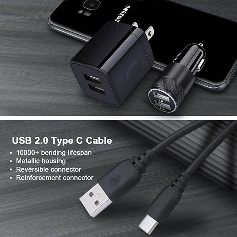 USB C Car Charger, 2.1A Dual Port Wall Charger Plug with 2-Pack 6ft Type C Cable Compatible Samsung Galaxy S21 A01 A10e A21 A50 A70 A80 S20 FE 5G S10+ S9 S8 Note 20 Ultra 10, Moto, Pixel 5/4a XL