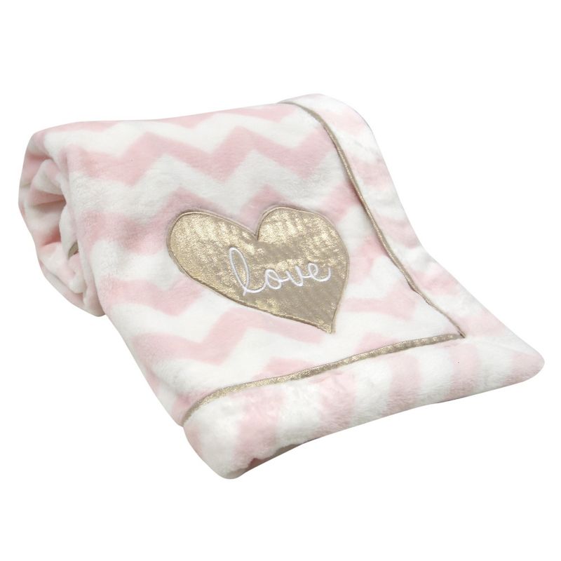 Lambs & Ivy Baby Love Minky Blanket - Pink/White with Gold Love Heart