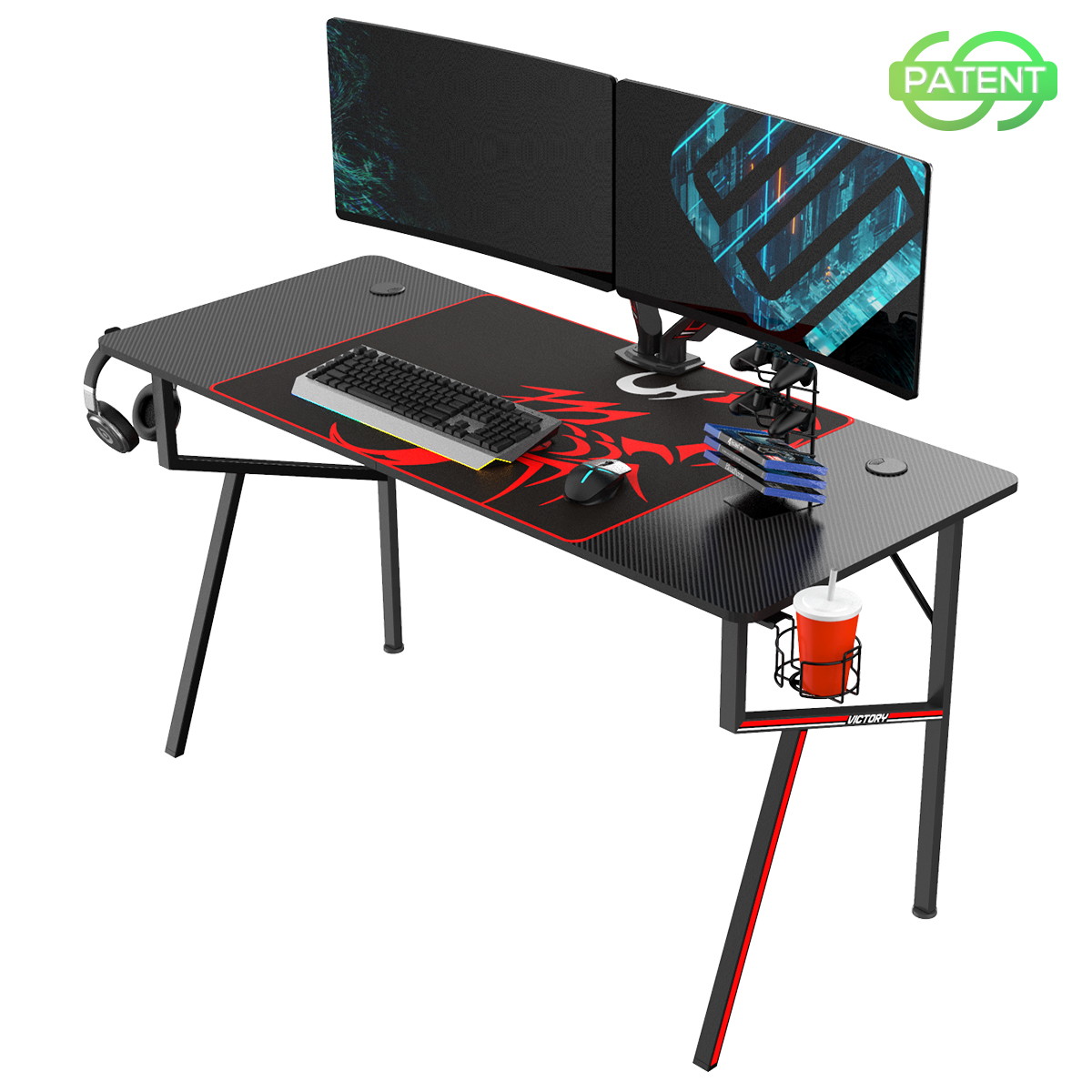 EUREKA ERGONOMIC Gaming Desk 55" K Shaped Large Home Office Gaming Computer Table, with Controller Stand Cup Holder Headphone Hook Free Mousepad, Black