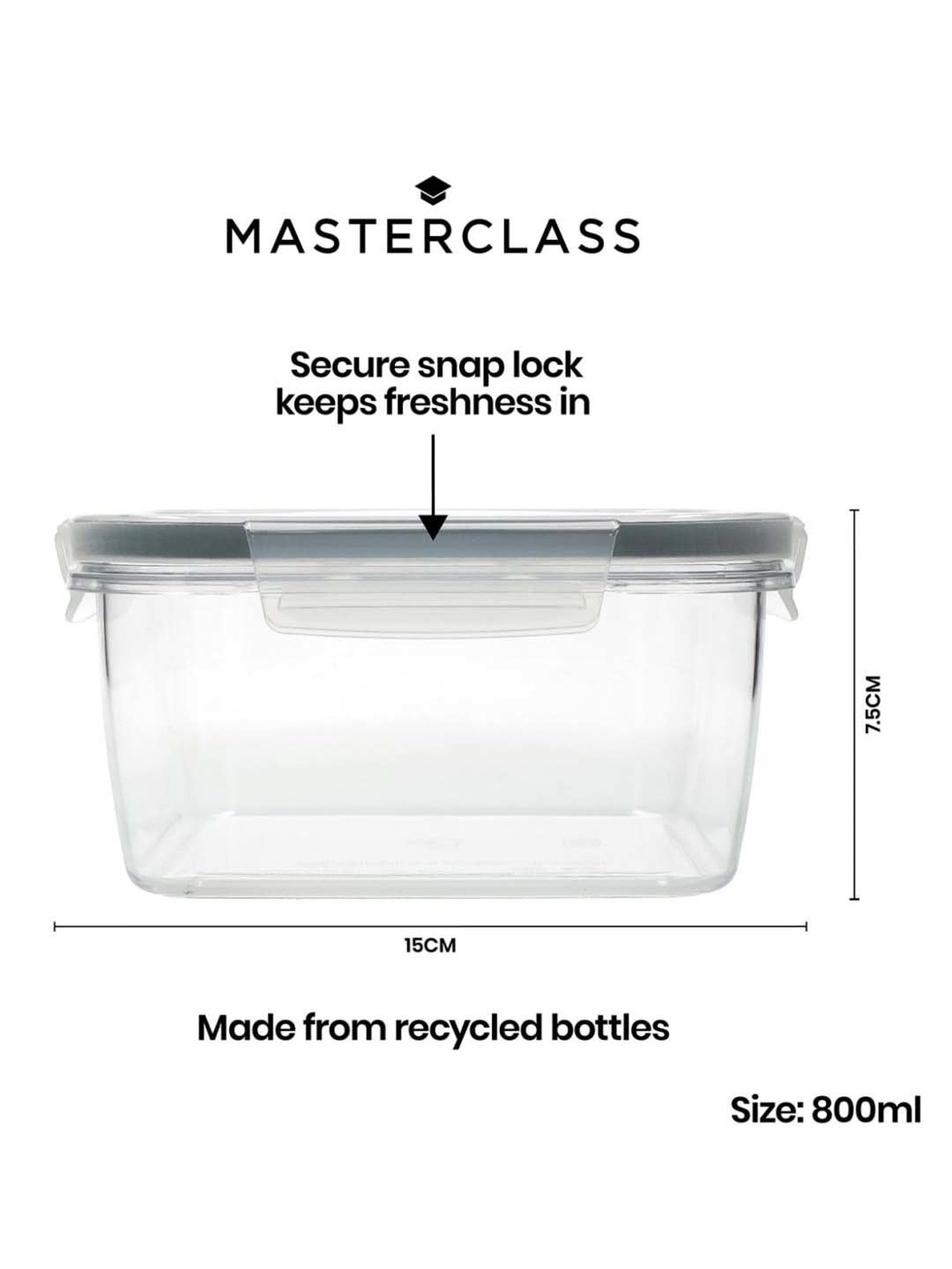 MasterClass Transparent Plastic Square Food Storage Container (0.8 L)