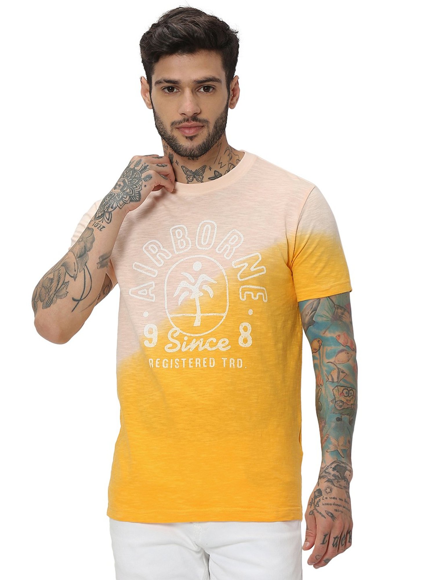 Mufti Orange Slim Fit Graphic Print Cotton Crew T-Shirt