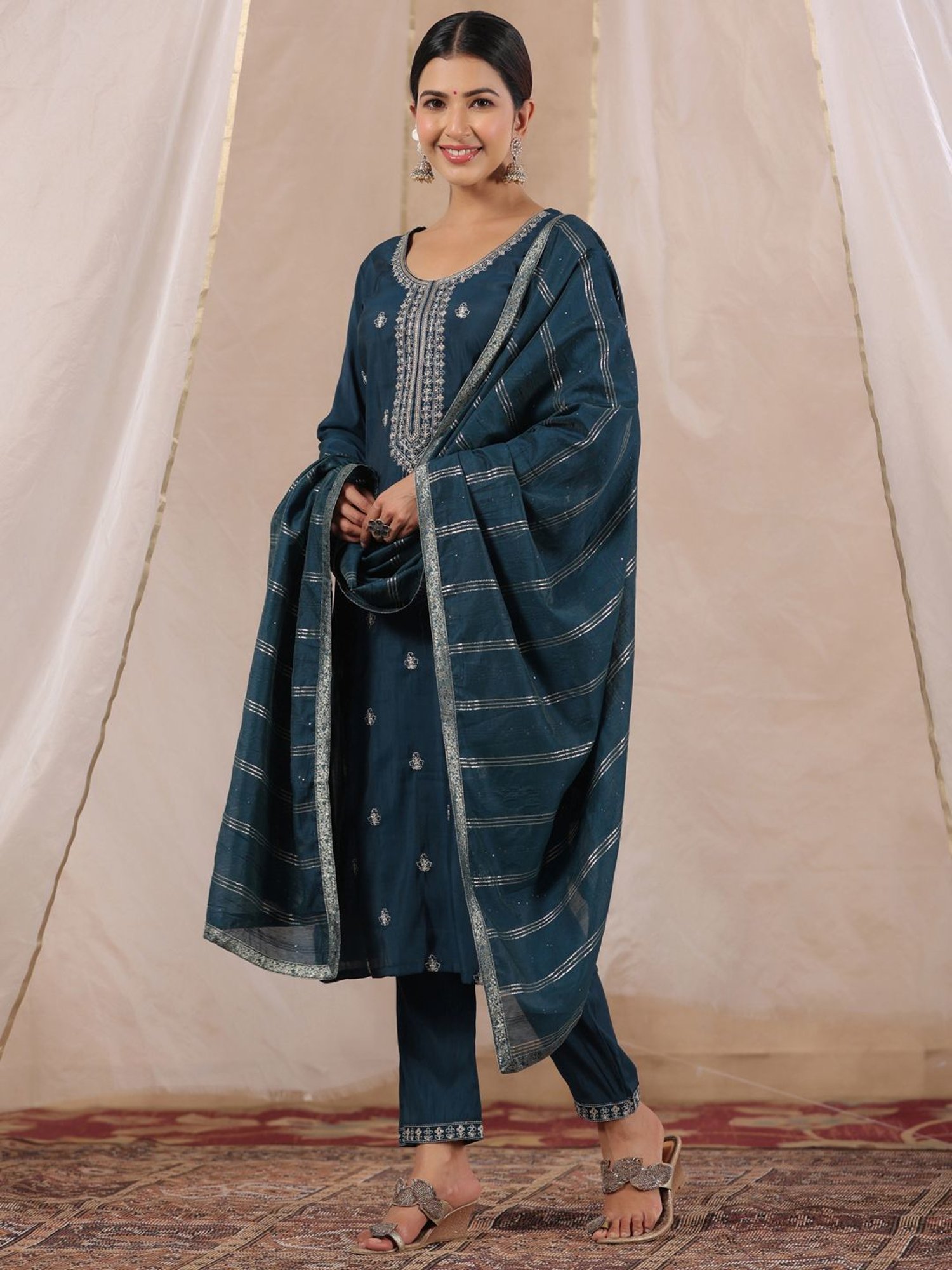 Ishin Blue Embroidered Kurta Pant Set With Dupatta