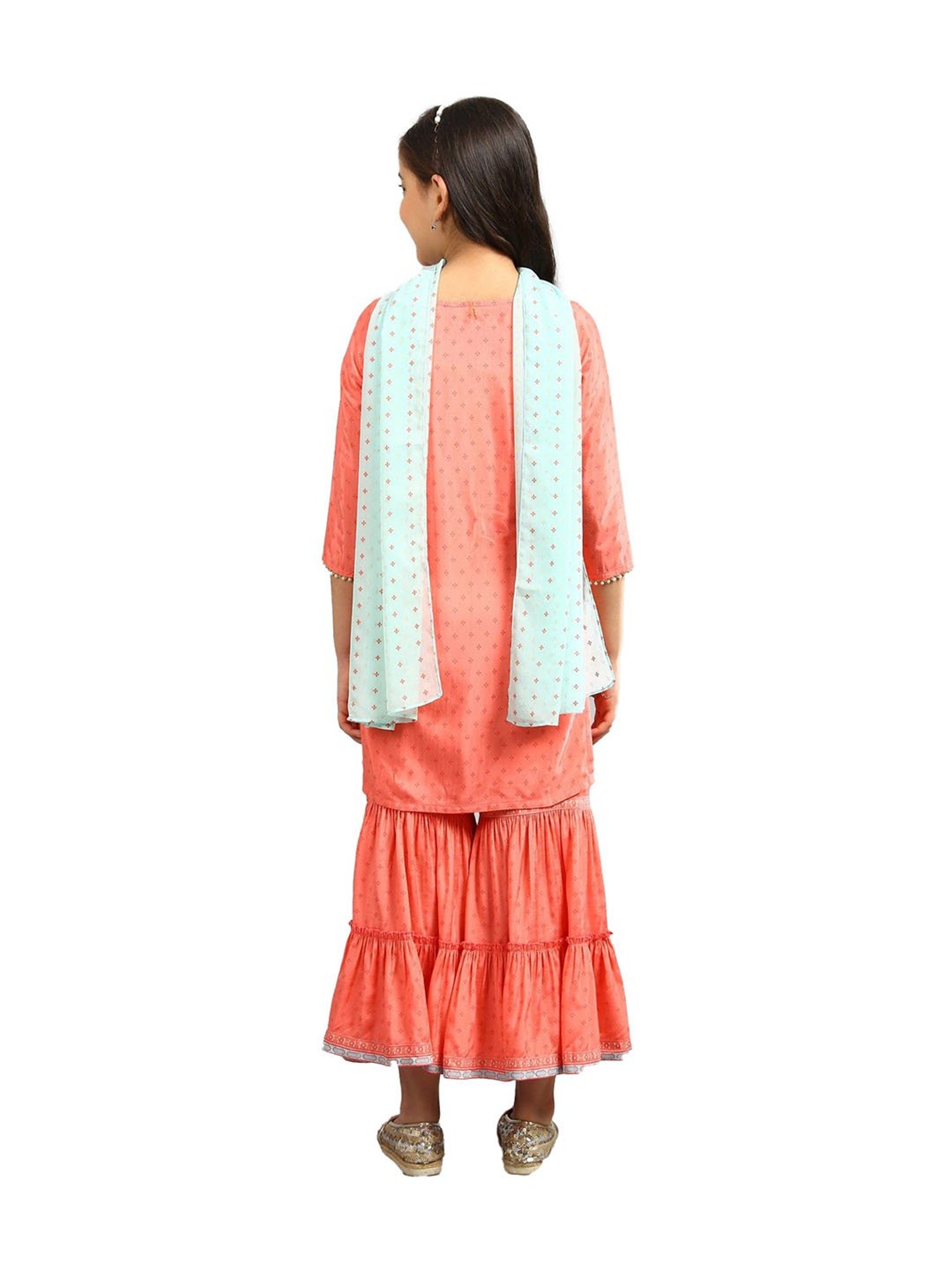 Aurelia Kids Peach & Blue Printed Kurta, Sharara with Dupatta