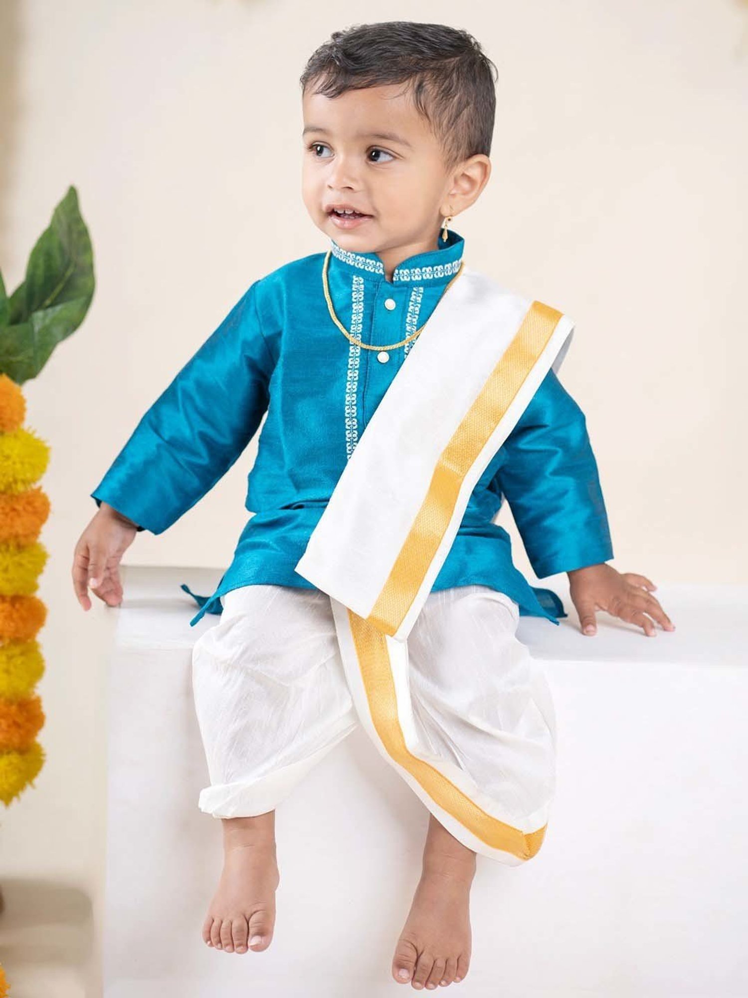 Baby Moo Kids Turquoise Blue & White Regular Fit Full Sleeves Kurta Set