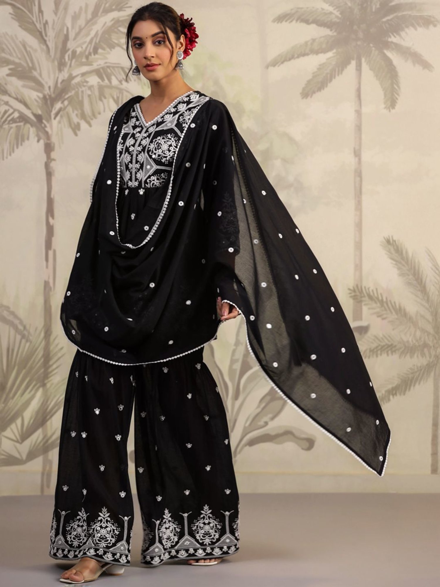 SCAKHI Intense Black Cotton Embroidered Kurti Sharara Set With Dupatta