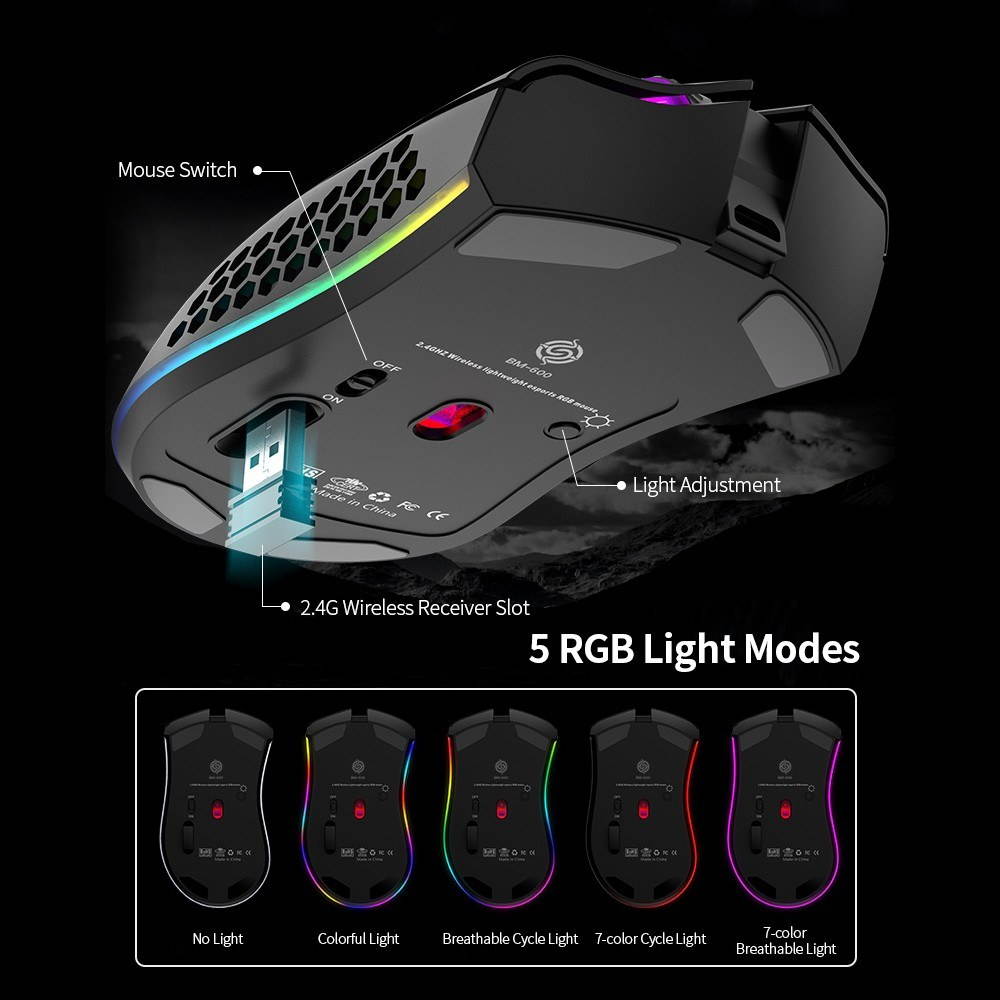2.4G Wireless Gaming Mouse Rechargeable Mouse with RGB Light Effect 3 Adjustable DPI Hollowed-out Honeycomb Design