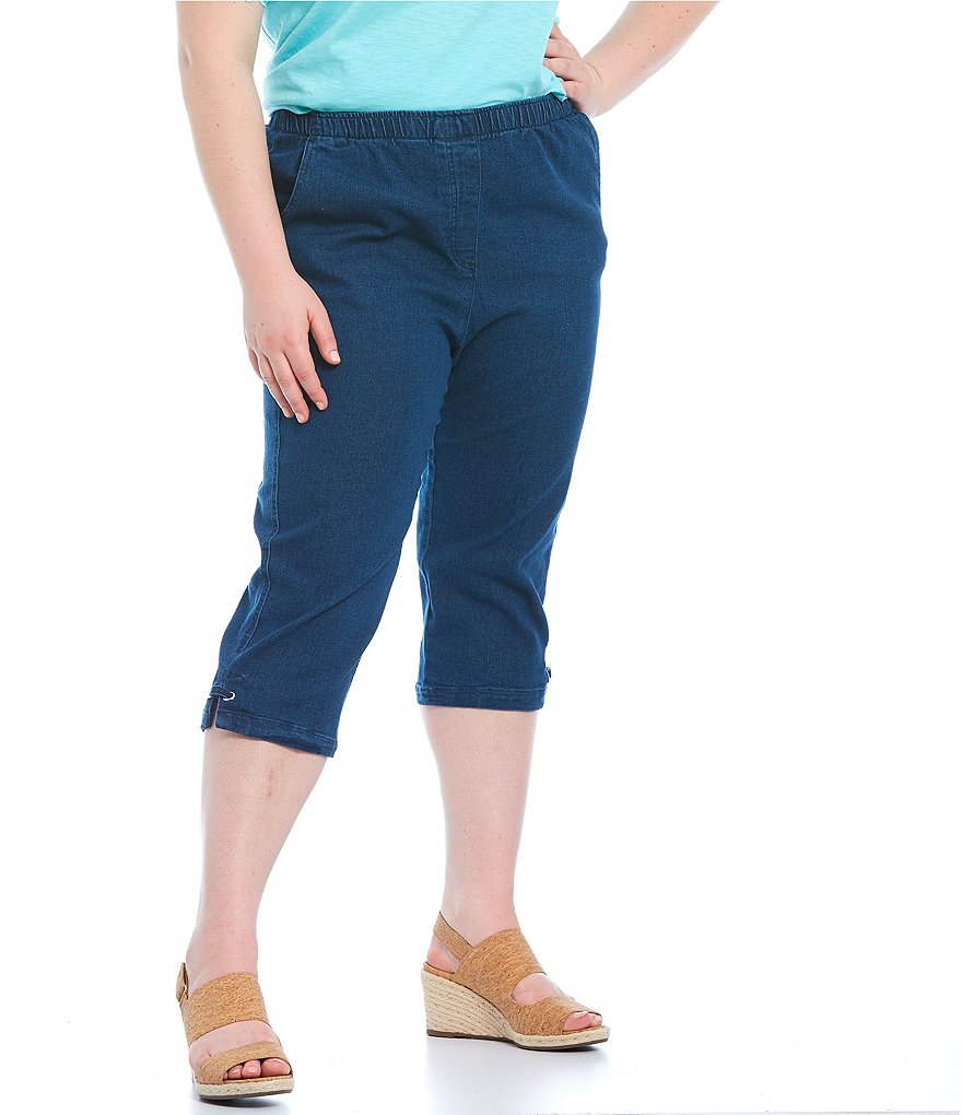 Allison Daley Plus Size Stretch Denim Silver Ring Hem Detail Pull-On Capri Pants