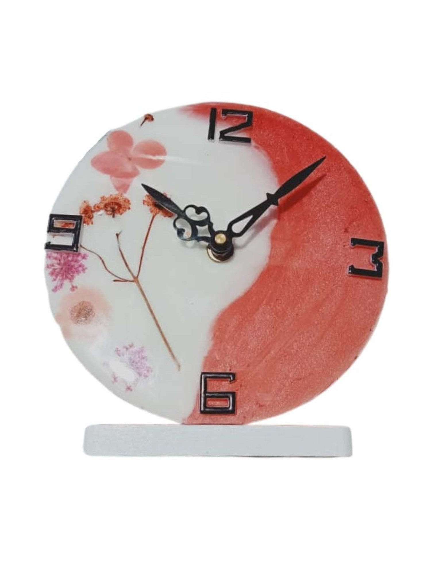 CHRONIKLE Pink Epoxy Resin Round Handmade Flower Art Analog Table Top Office Desk Clock