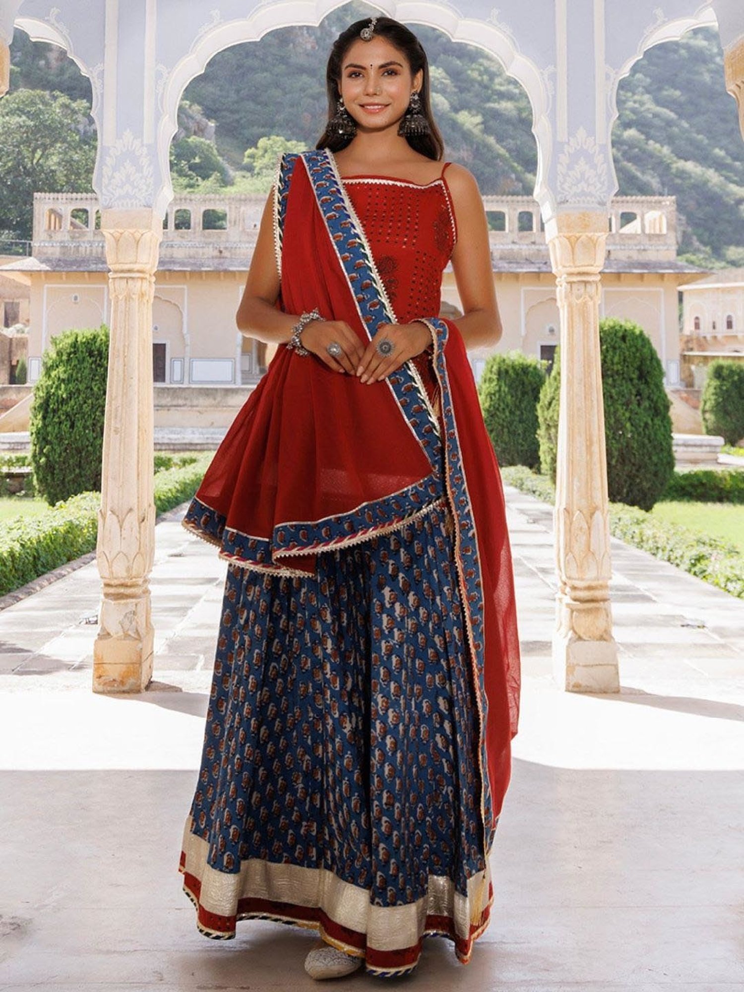 Geroo Jaipur Indigo-Red Pure Cotton Hand Block Printed Skirt Set