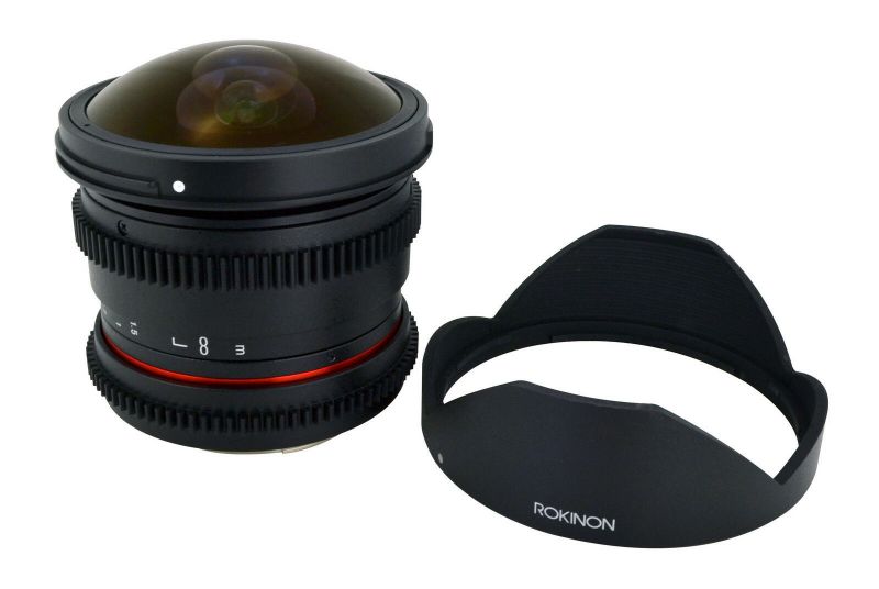 New Rokinon De-clicked HD 8mm T3.8 Cine Fisheye Lens w/ Removable Hood for Canon