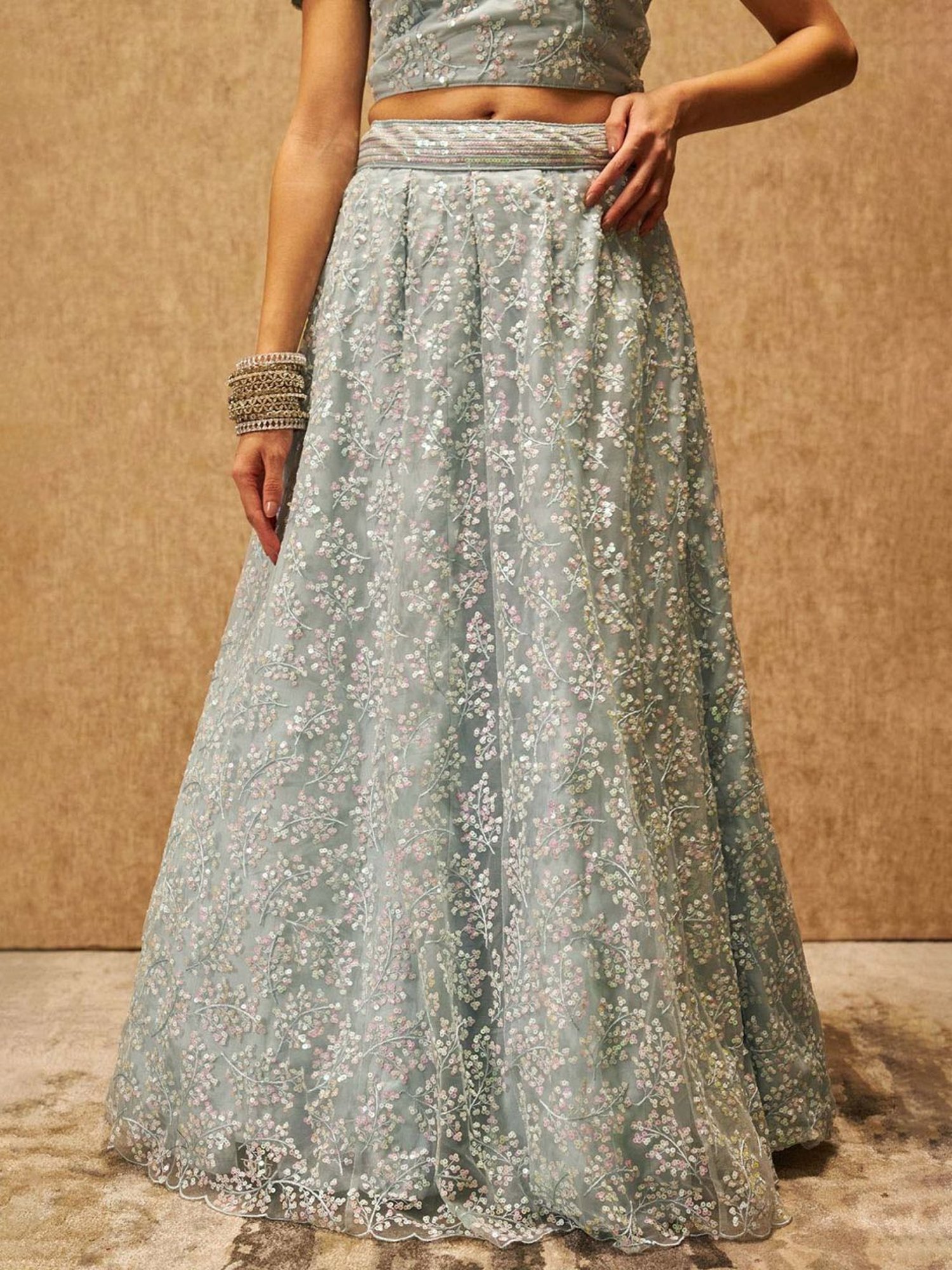 Soch Powder Blue Embellished Unstitched Lehenga Choli Set With Dupatta & Belt