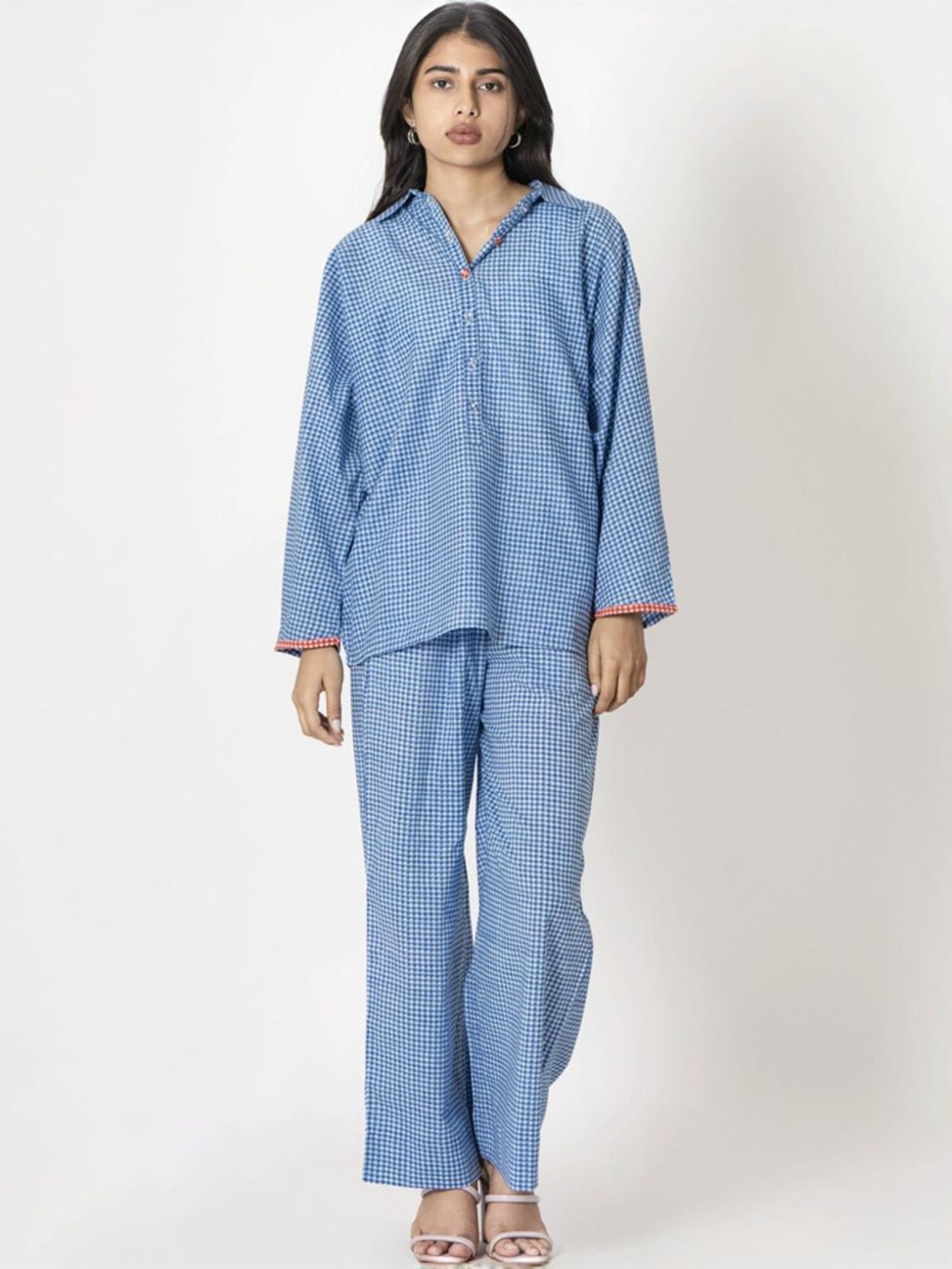 Kameez by Pooja Blue Capsule 24 Gingham Handprint Cotton Shirt and Pant Co-ord Set