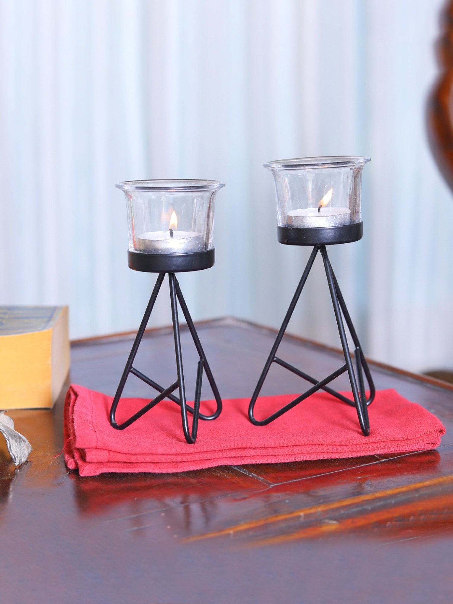 HOSLEY Black Iron Tealight Candle Holders - Set of 2