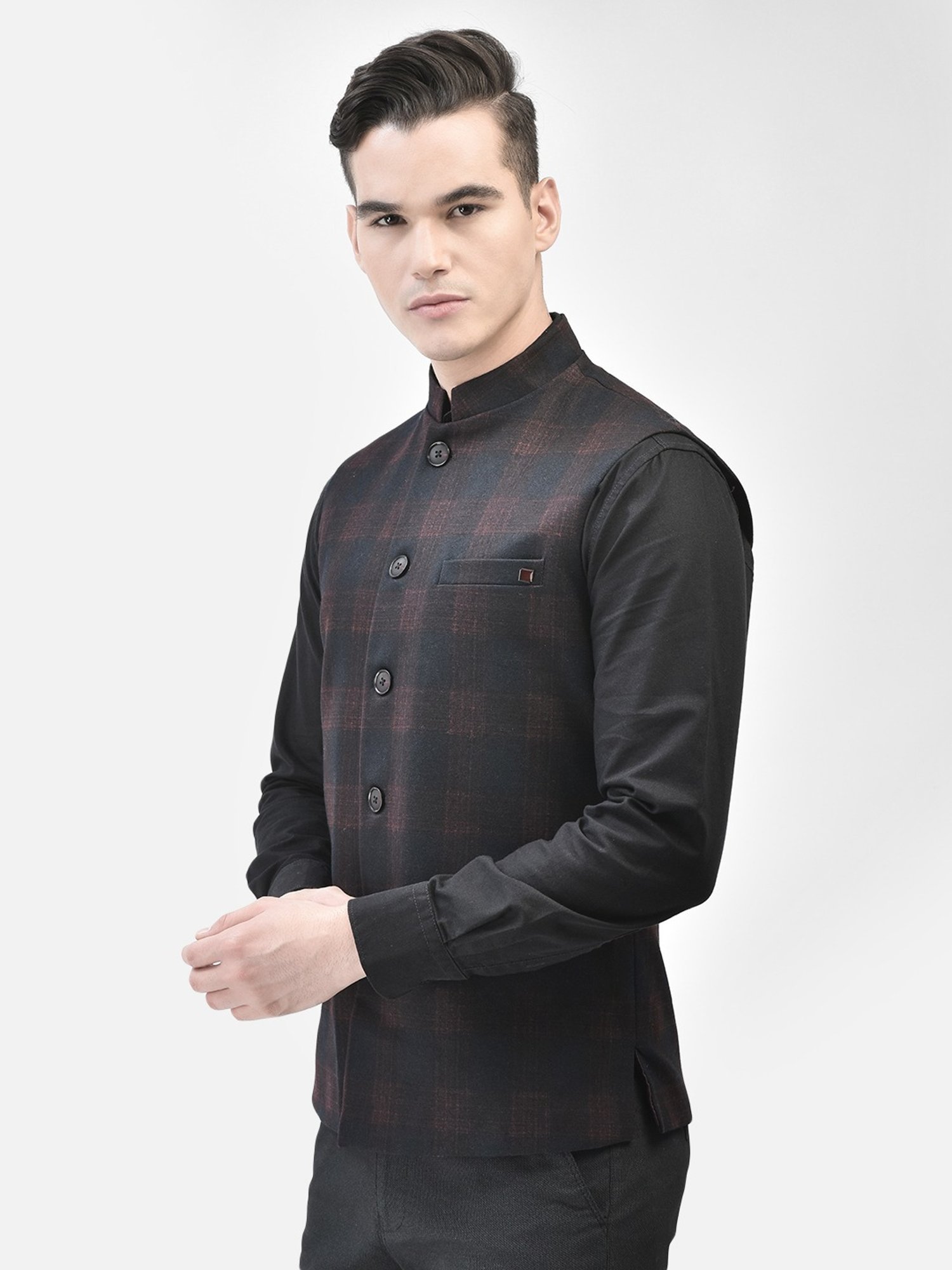 Crimsoune Club Red Slim Fit Checks Nehru Jacket