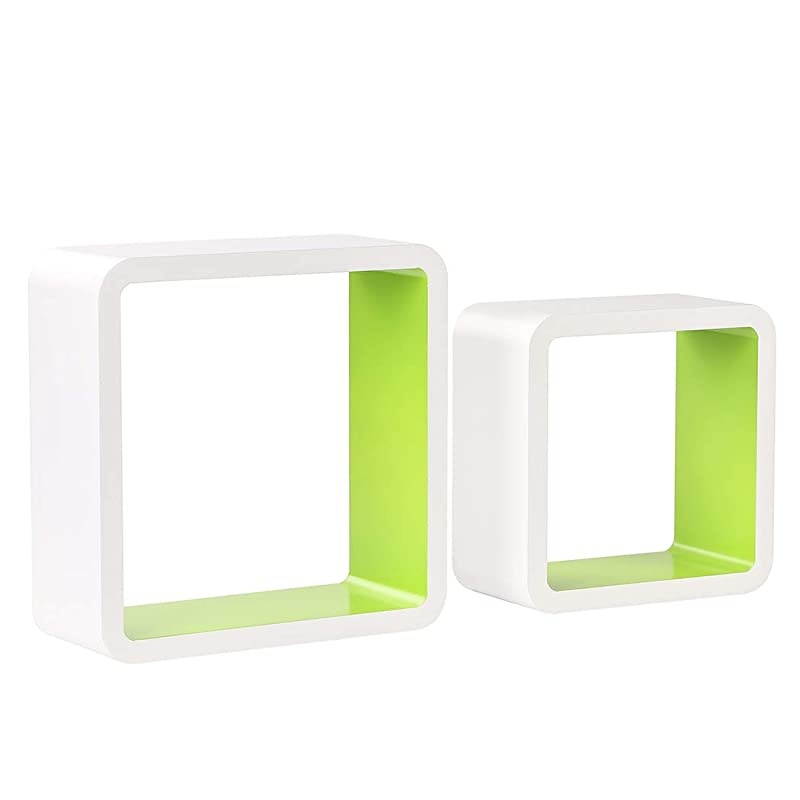 Set of 2 Cube Floating Shelves Wood Wall Shelves for Home Decoration Storage Display Rack White+Green