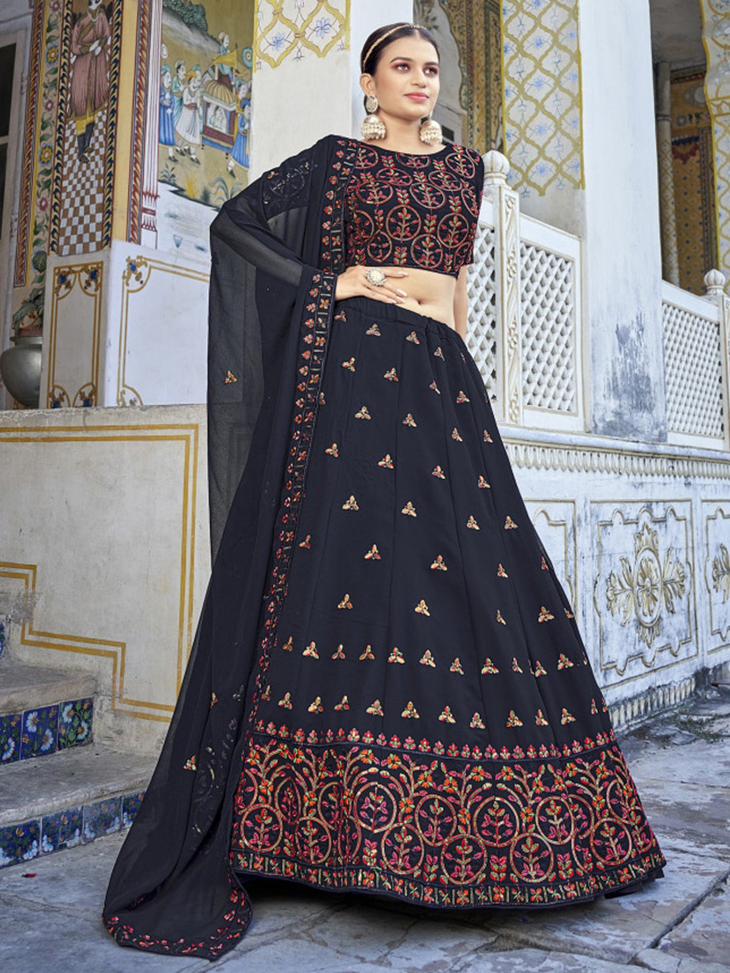 SHUBHKALA Black Embroidered Lehenga and Choli Set With Dupatta