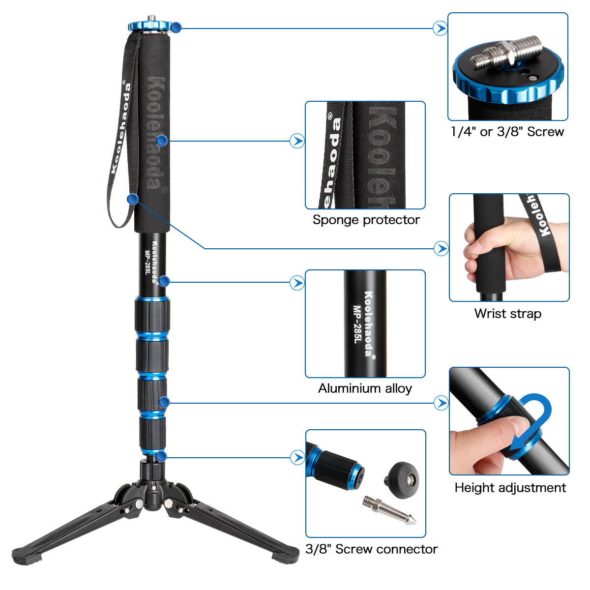 koolehaoda 68-Inch Professional Camera Monopod with Folding Metal 3 Legs Support Base, 17.6 lbs Load Capacity(MP-285L+M3)