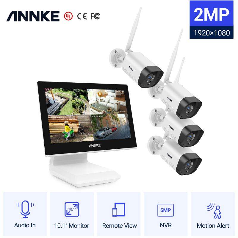 ANNKE 1080p Full HD WiFi NVR Video Surveillance System with 10.1&rsquo;&rsquo; LCD Monitor, Support 5MP Wireless IP Camera, Plug and Play Wireless Security System, 4 pcs IP Cameras With 1TB HDD